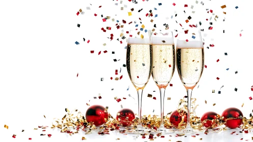 Champagne flutes stand amid falling confetti and ornaments