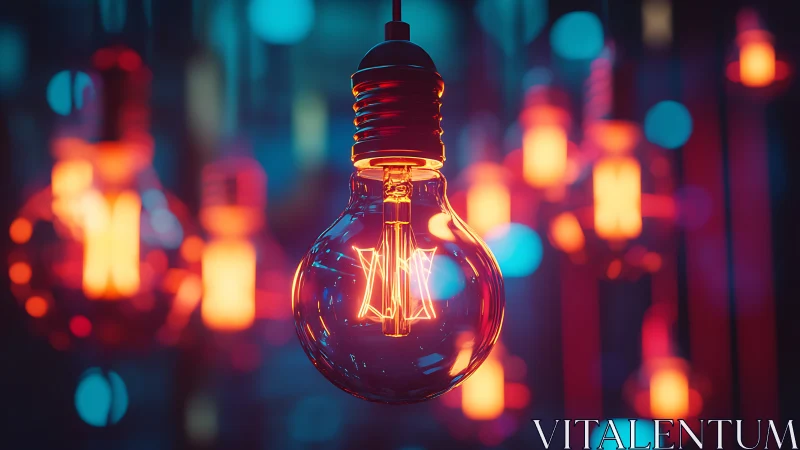 Neon glass bulb glows amid blurred bokeh lights.