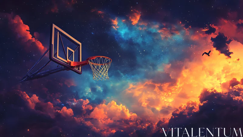 Celestial basketball hoop suspended in luminous nebular sky.