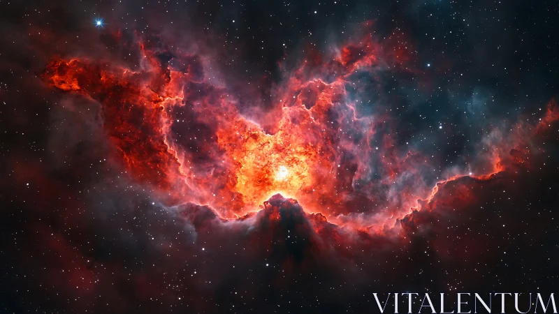 Stellar nebula eruption in crimson and cyan gases.