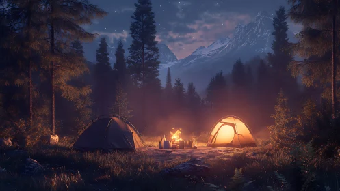 Mountain Valley Campsite at Dusk with Illuminated Tents.