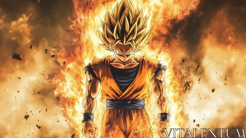Fiery anime warrior surrounded by explosive golden aura.
