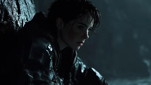 Rain-soaked resolve sharpens in the cavern’s cold blue hush