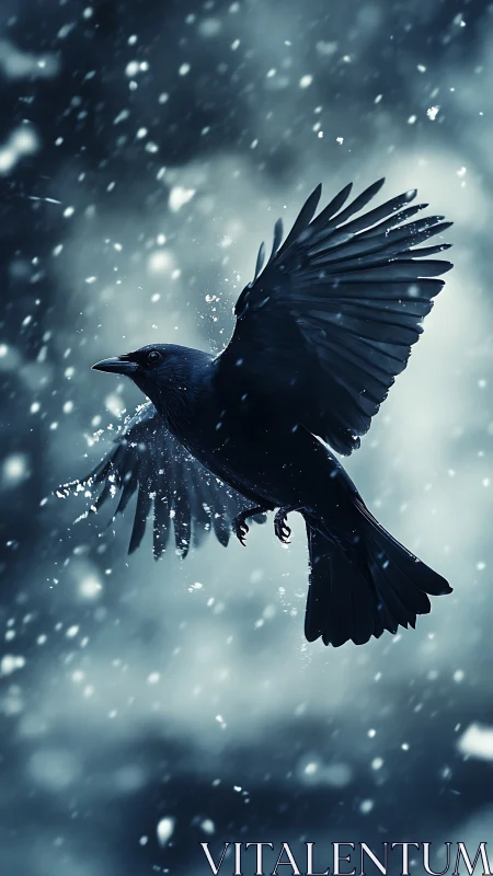 Black Bird Flying Through Winter Snow Storm