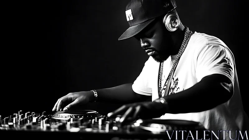 Focused DJ mixes deep beats under dramatic studio lighting