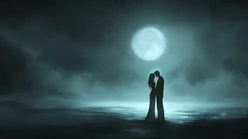 Couple Silhouetted Under Full Moon Over Water