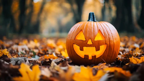 Carved jack-o-lantern on leaf-covered forest pathway.