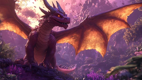 Bioluminescent crimson dragon in sunlit violet forest clearing