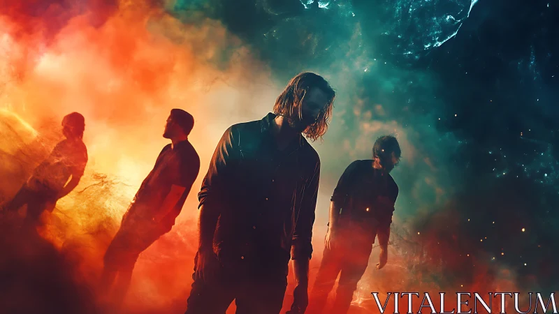 Band silhouettes in vivid orange and teal atmospheric haze.