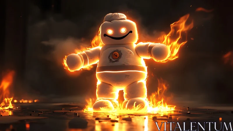 Burning marshmallow mascot figure in dark urban setting.