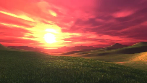 3D rendered grassy dunes under saturated red sunset sky