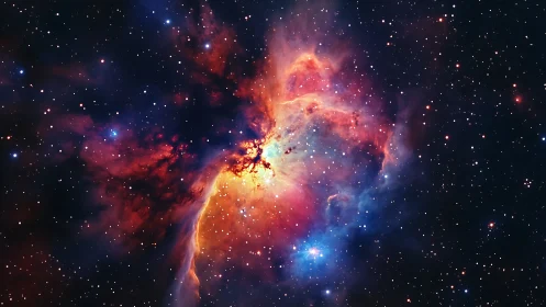 Cosmic nebula glows softly in rich red, blue, and gold light