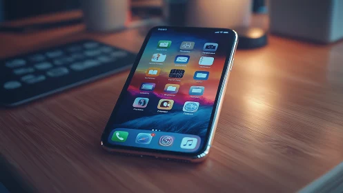 Apple iPhone with App Grid on Warm Wooden Desk Setup