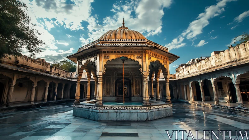 Sunlit courtyard pavilion quietly crowns the marble square