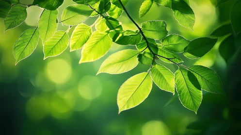 Sunlit Green Leaves on a Tree Branch, Nature Photography Style.