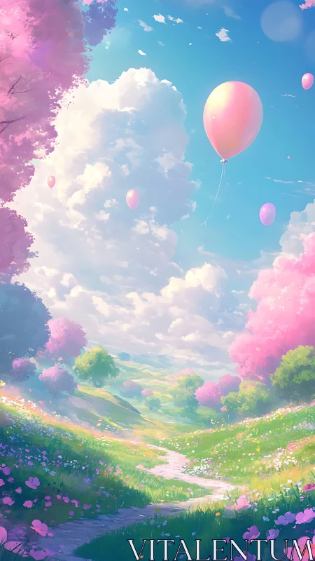 Digital painting of pastel valley with balloons and blossoms.