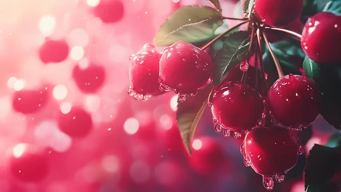 Glistening cherry cluster in dreamy pink morning light.