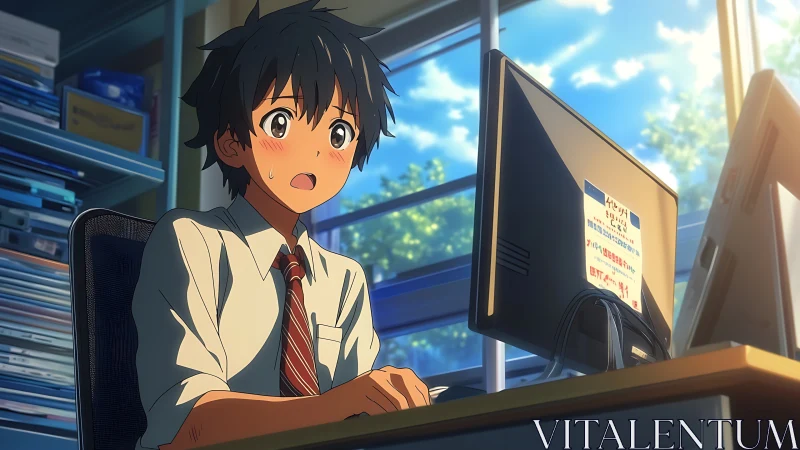 Sunlit anime student jolts at a surprise on office screen.