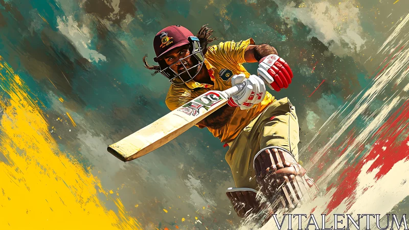 Cricketer in batting motion rendered with dynamic brush strokes