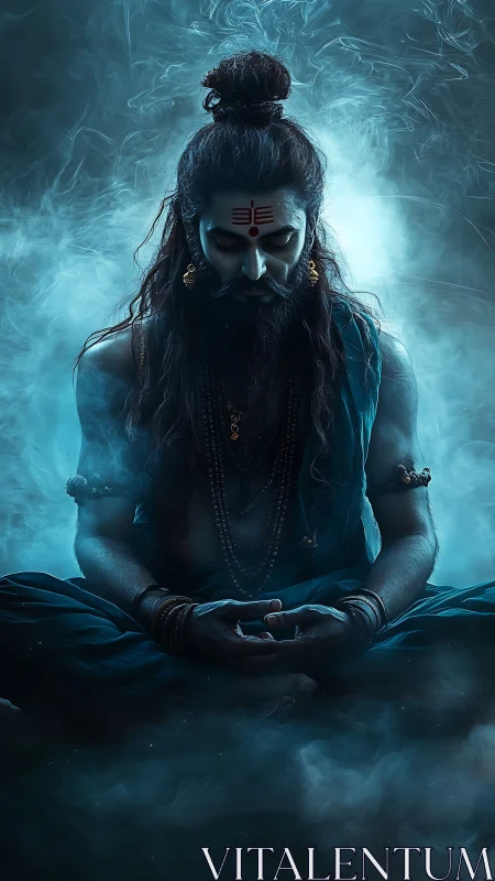 Serene mystic in deep meditation within swirling blue mist.