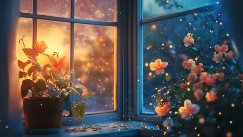 Glowing Flowers at Midnight Window with Floating Lights.