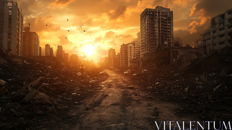 Urban ruins burn under molten sunset over broken city