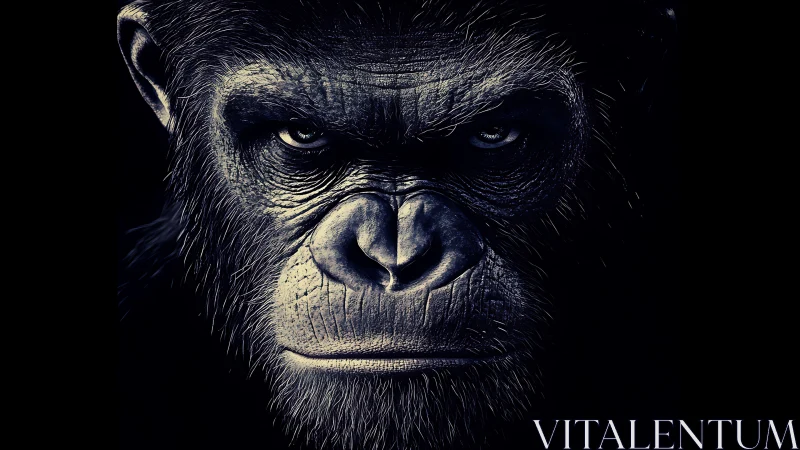 Intense gorilla portrait emerges from deep shadowed darkness.