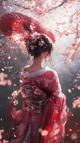 Cherry blossom maiden in red kimono beneath spring light.