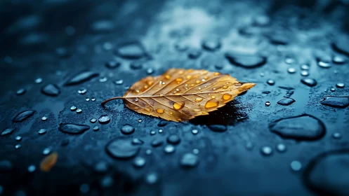 Single wet leaf on dark surface with scattered droplets.