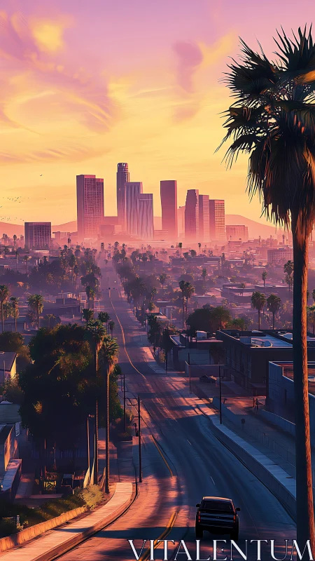 Sunset drive into a dreamlike palm-lined city skyline.