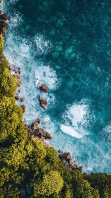 Rocky tropical coastline with foaming turquoise waves.