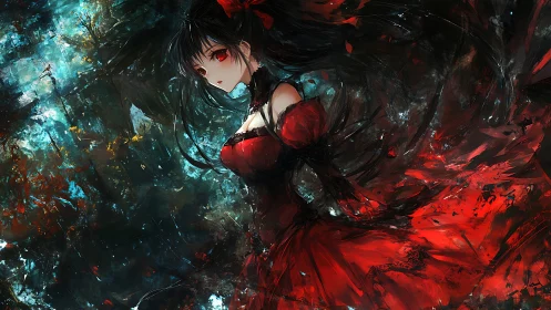 Female figure in red dress amid abstract dark backdrop.