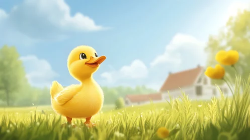 Sunny duckling explores a bright meadow near countryside cottages.