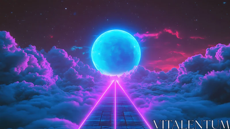 Neon vaporwave skybridge converges toward luminous cyan moon