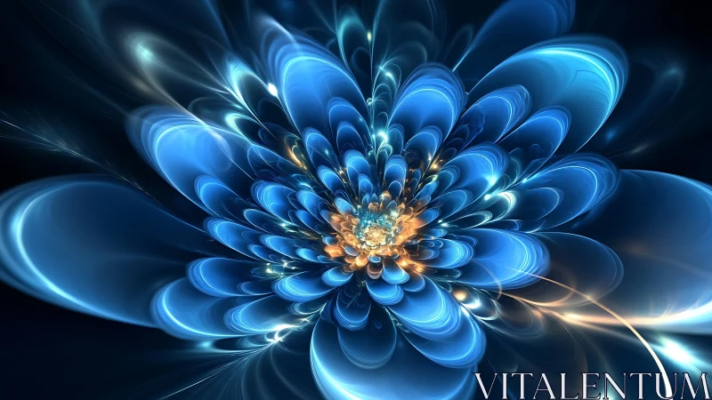 Radiant fractal blue flower unfolds in luminous symmetry.