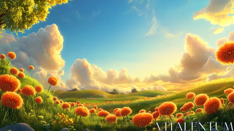 Sunlit Hills and Fluffy Orange Blooms in Dreamy Spring Light.