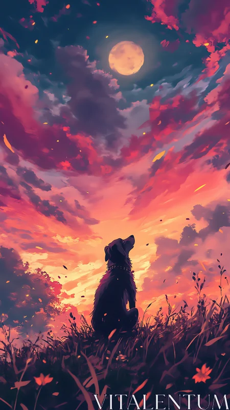 Canine silhouette under chromatic moonlit stratocumulus sky.