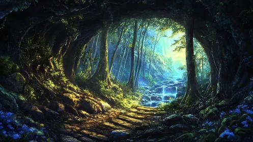 Ancient Forest Cavern with Cascading Waterfall.