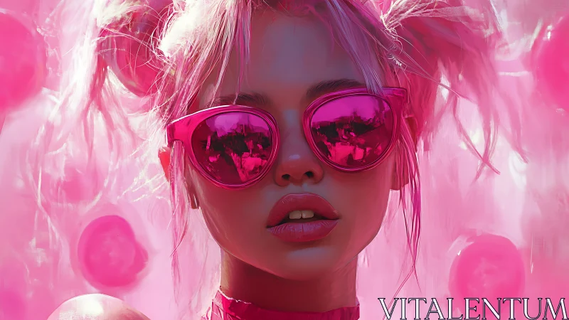 Chromatic closeup of neon-pink lit portrait with reflective eyewear.