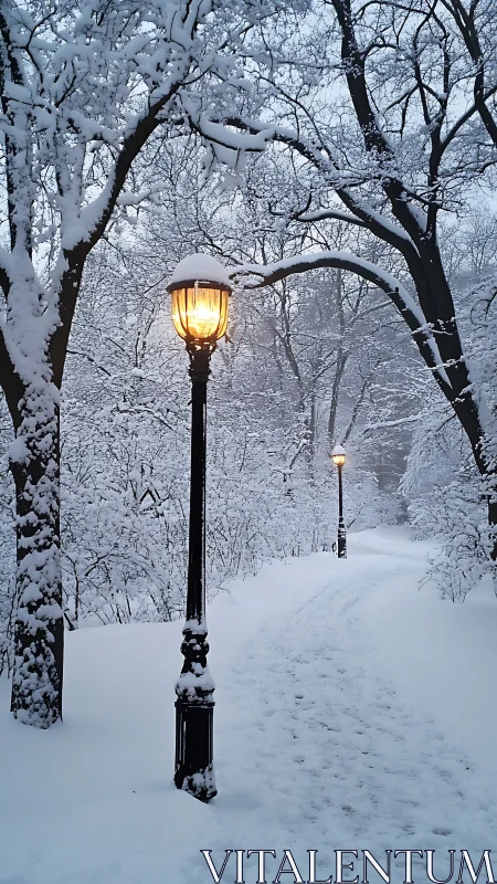 Snow covered park path is illuminated by streetlamps