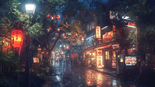 Cozy rainy night in a lantern lit city alleyway street.