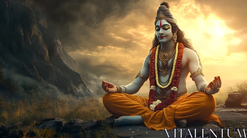 Divine yogic figure meditating at dawn in hyperreal landscape