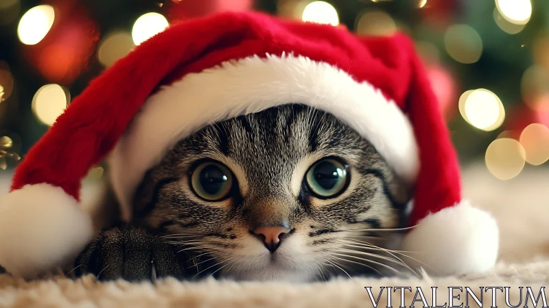 Wide-eyed Christmas cat plotting cozy holiday mischief.
