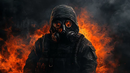 Hooded figure in gas mask before intense fire background.