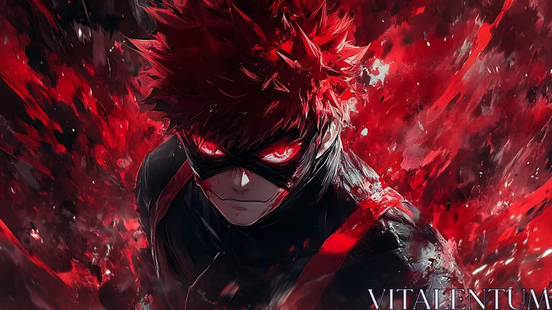 Vigilante in scarlet vortex with blazing crimson gaze.