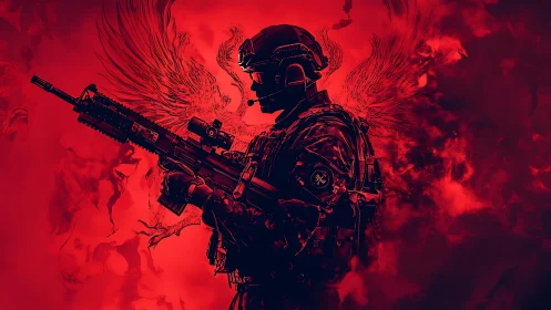Armored soldier emerges in red inferno with ghostly wings.