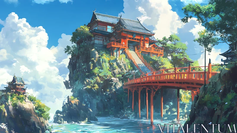 Clifftop vermilion temple complex with elevated wooden bridge.