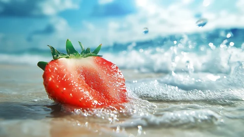 Macro shoreline study of halved strawberry in tidal surge.