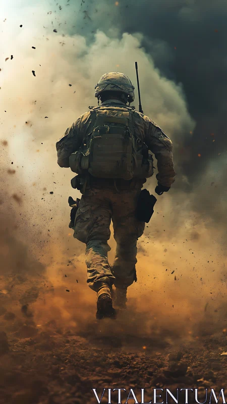 Backlit soldier advances through dusty explosion plume in combat