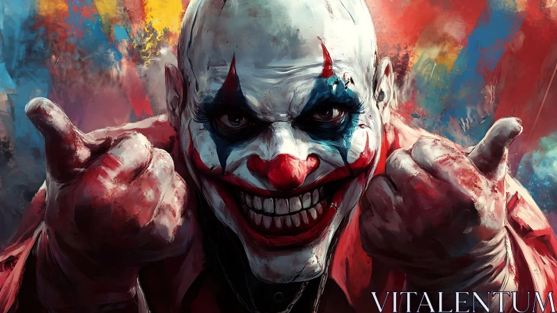 Sinister clown portrait with bloodied hands and grim smile.